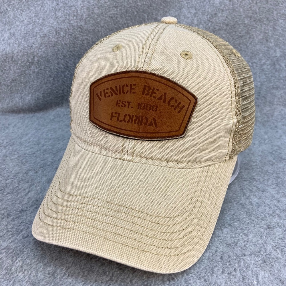 Venice Beach Florida Mens Tan Legacy Trucker Hat Leather Patch Snapback OSFM